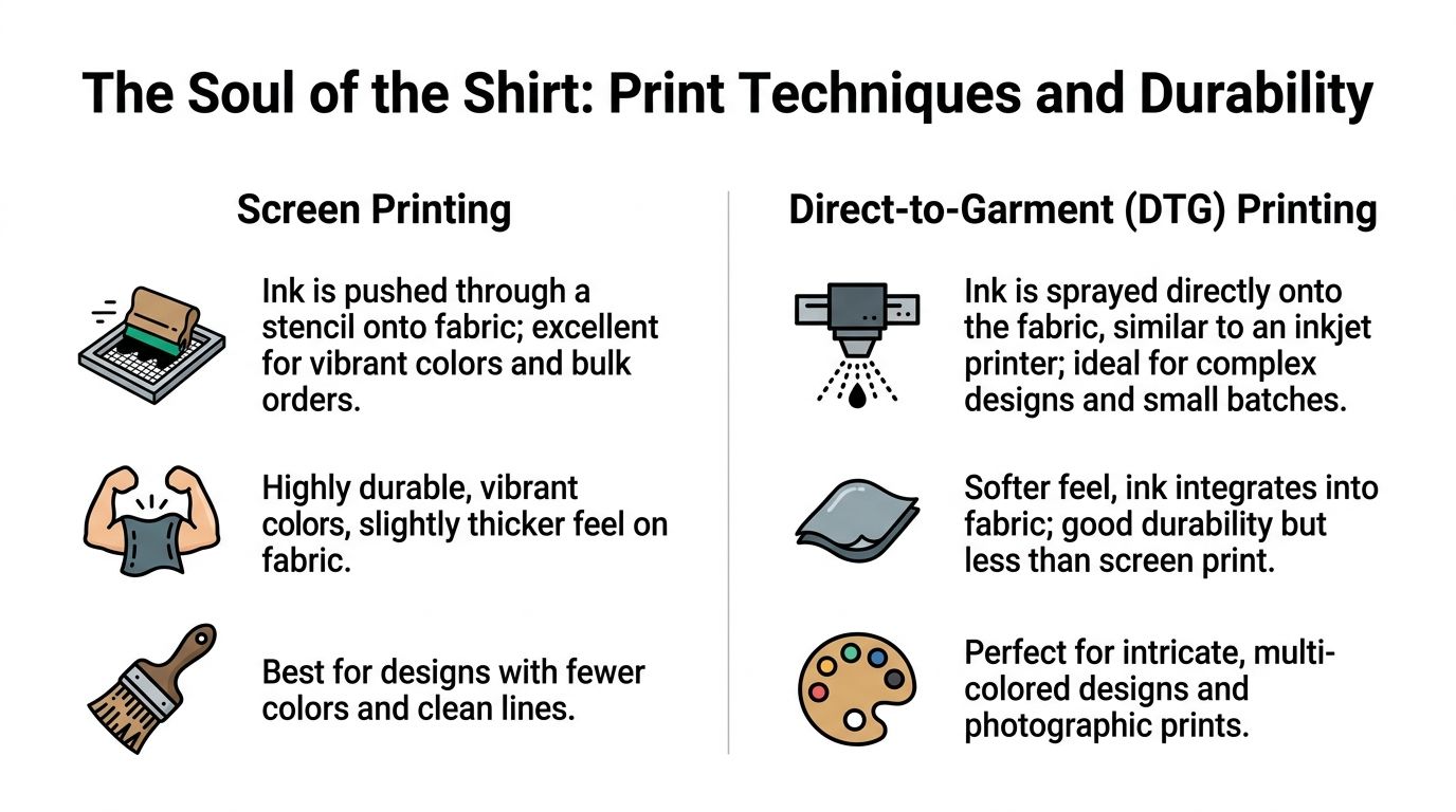 A comparison chart highlighting the differences between screen printing and direct-to-garment printing techniques for apparel.