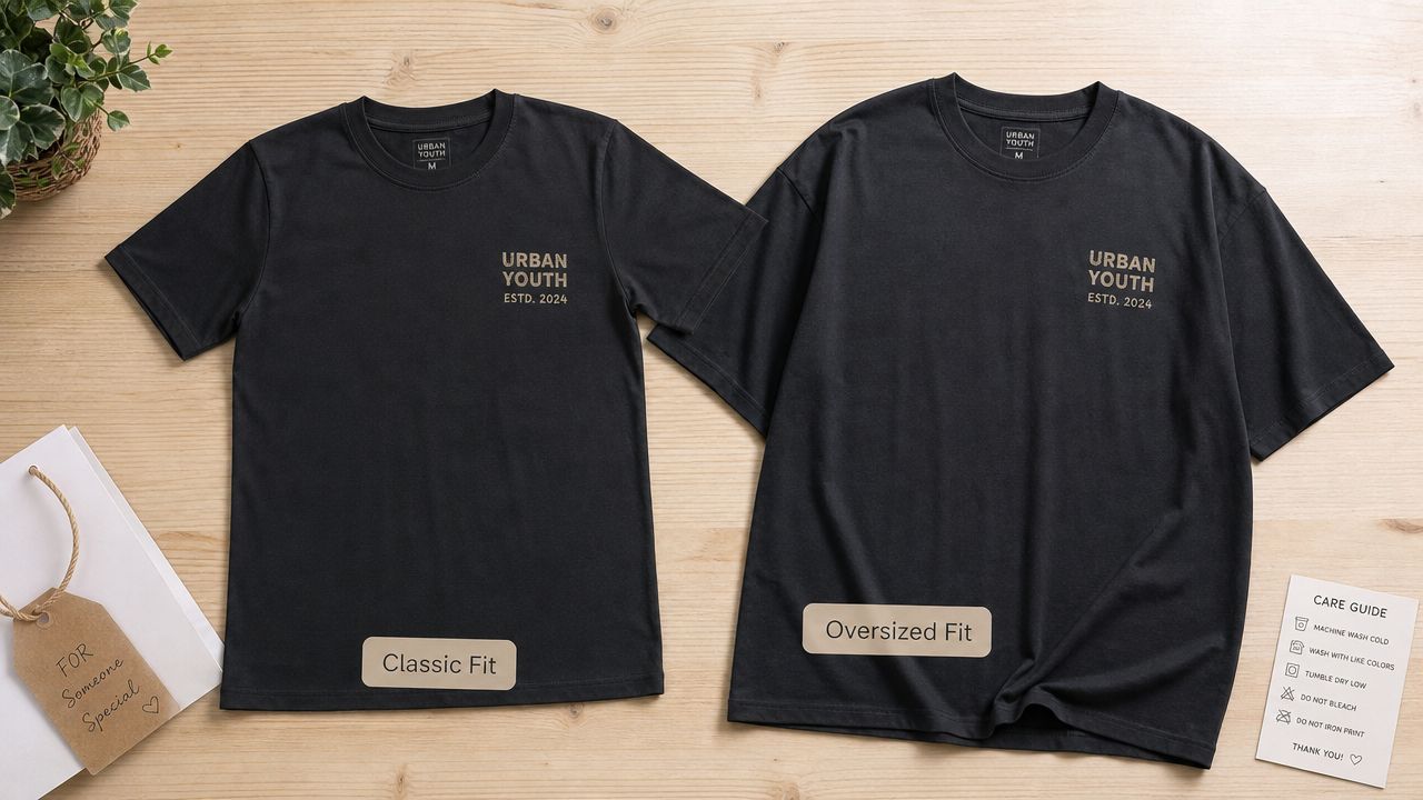 Two black cotton t-shirts displayed on a wooden table, featuring Urban Youth logos in classic and oversized fits.