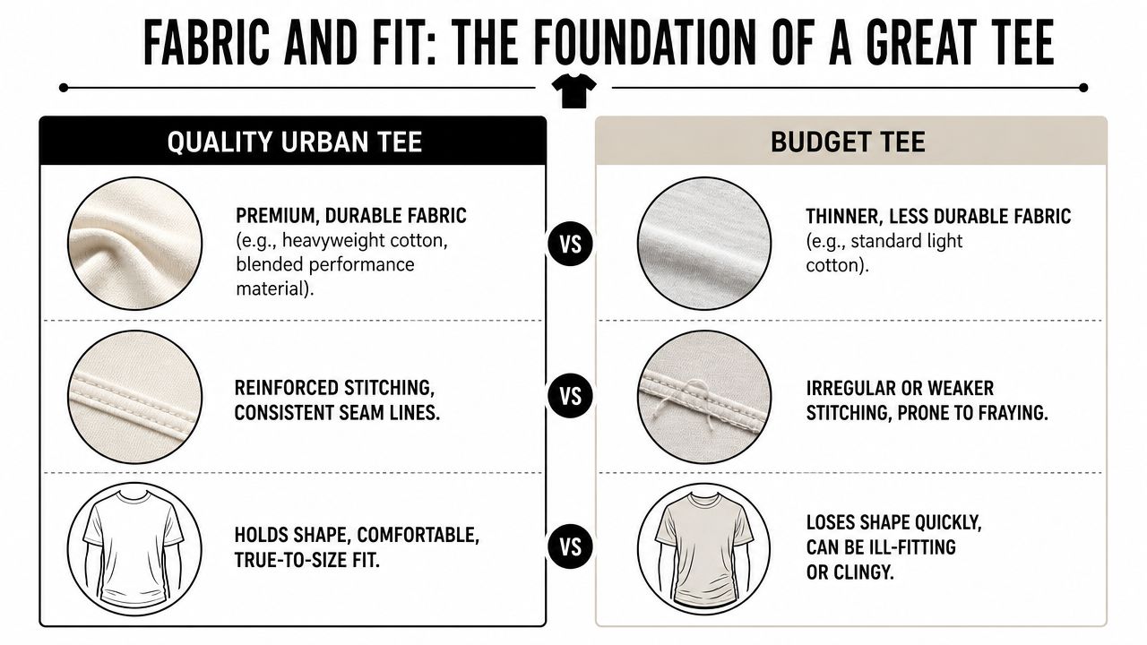 A comparison chart showing the differences between high-quality urban t-shirts and budget t-shirts regarding fabric and fit.