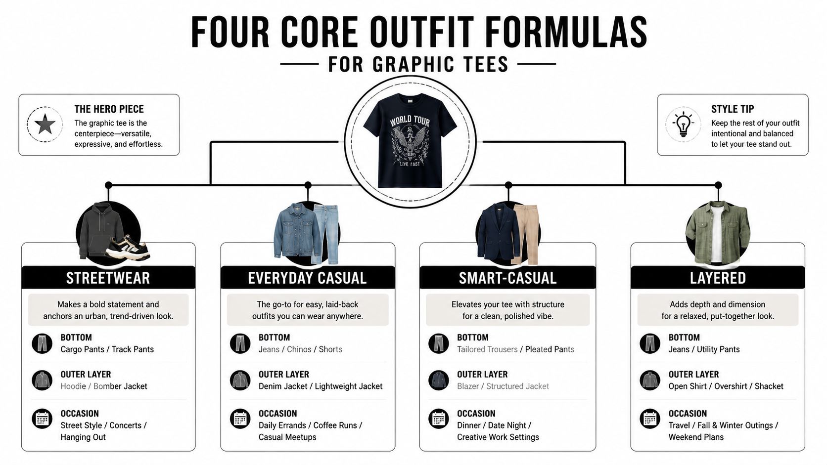 An infographic showing four core outfit formulas using a graphic tee for different style aesthetics.