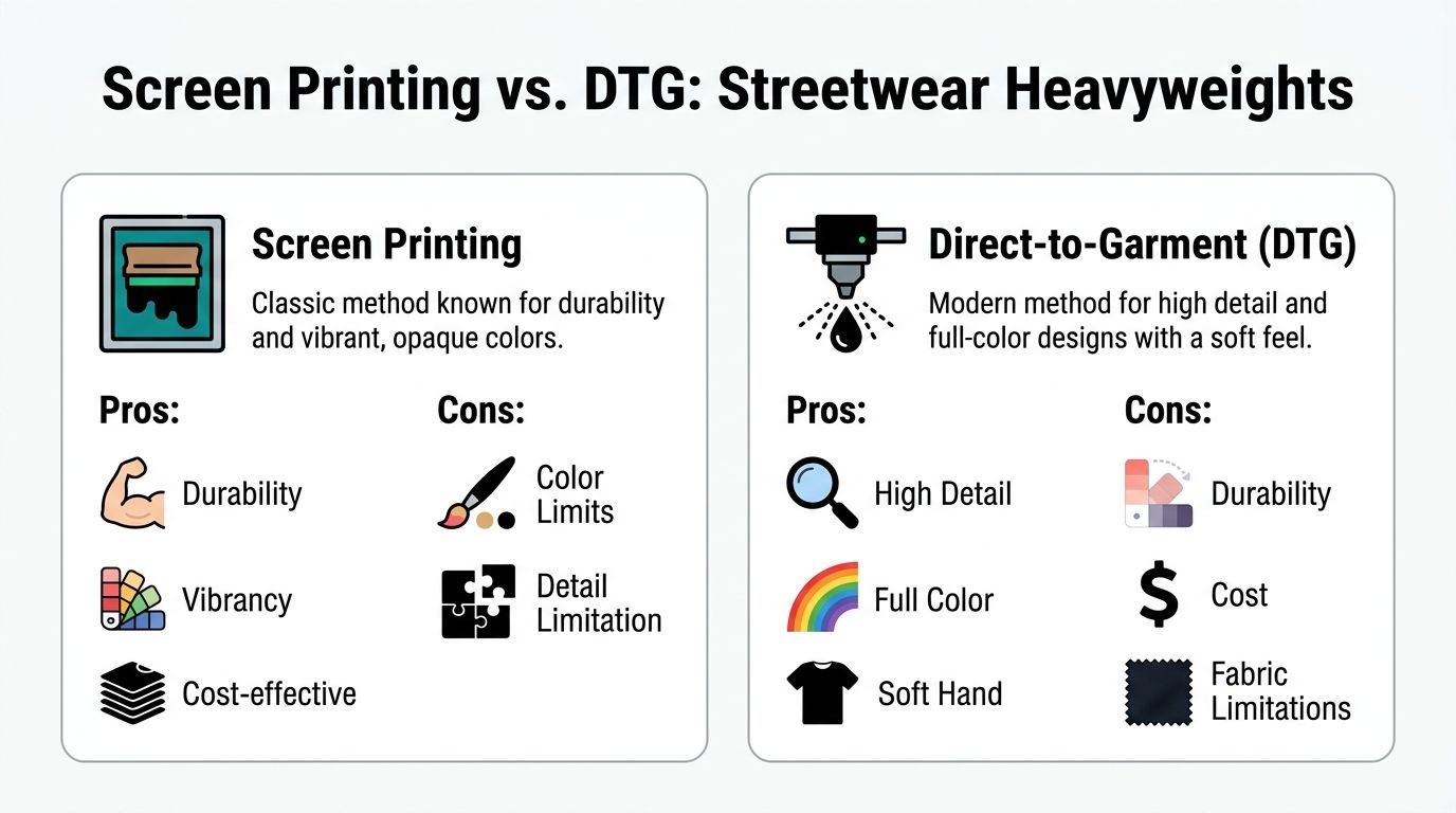 A comparison infographic detailing the pros and cons of screen printing versus direct-to-garment digital printing methods.