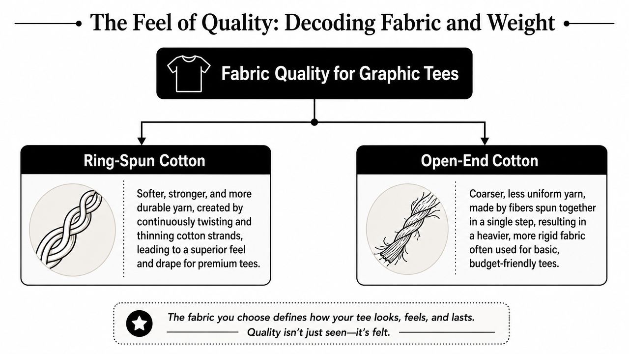A comparison chart explaining the difference between ring-spun cotton and open-end cotton for graphic t-shirts.