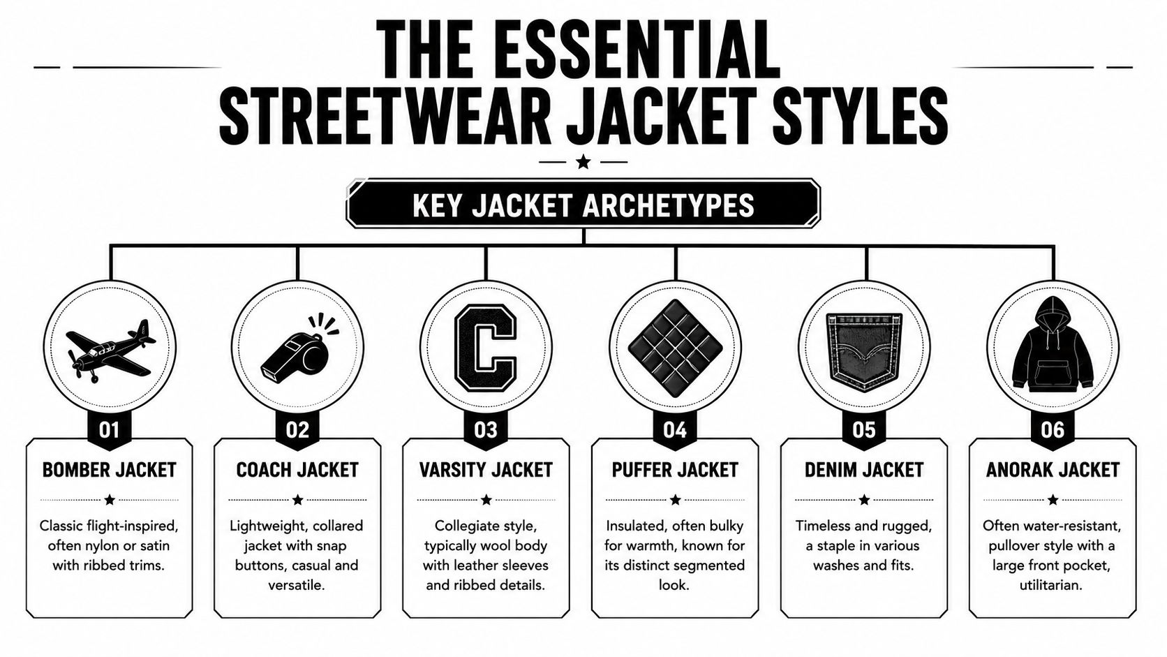 An infographic titled The Essential Streetwear Jacket Styles showing six popular types of jackets with icons.