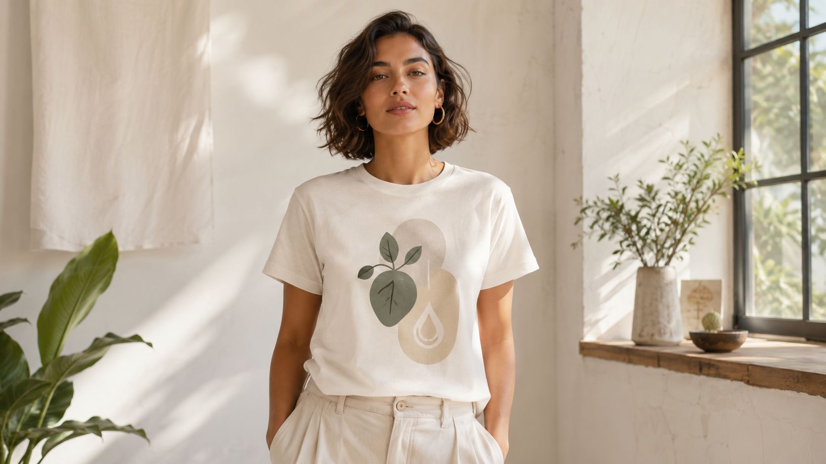 A woman wearing a white graphic cotton t-shirt with abstract leaf and droplet designs in a sunlit room.