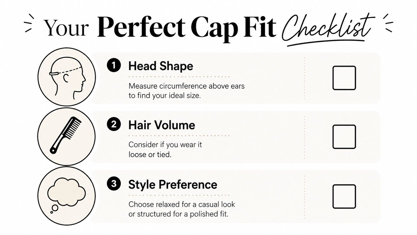 A checklist graphic guiding customers on choosing the perfect fitting baseball cap with three simple steps.