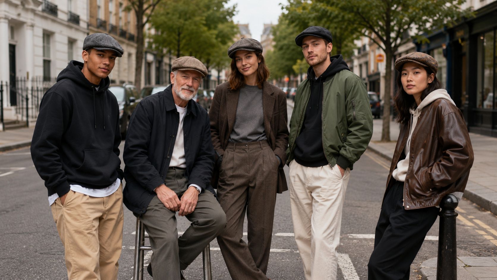A diverse group of five stylish people posing together on a street while wearing classic flat caps.