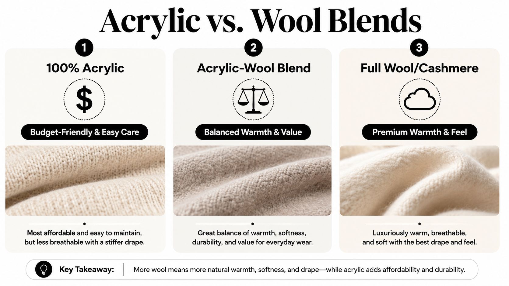 A comparison chart showing the differences between 100% acrylic, acrylic-wool blends, and full wool or cashmere fabrics.