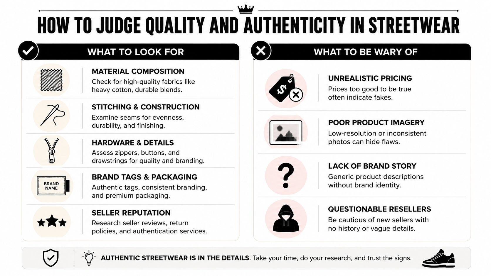 A helpful infographic guide detailing how to judge the quality and authenticity of online streetwear brands.