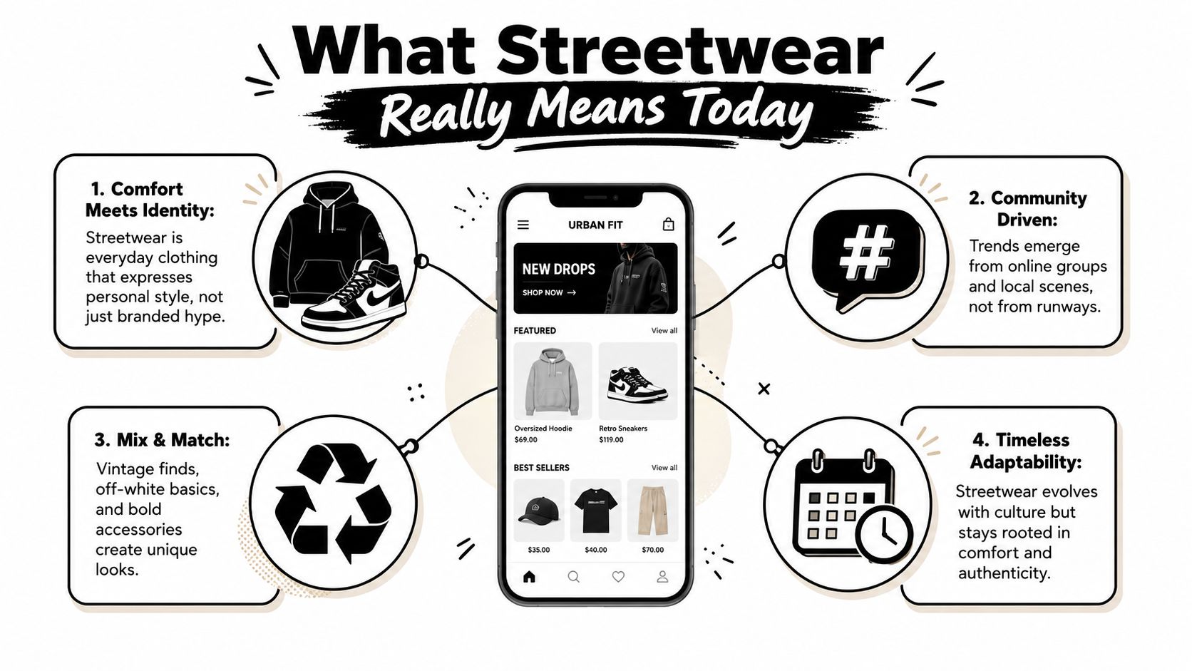 An infographic titled What Streetwear Really Means Today, explaining four key pillars of modern streetwear fashion trends.