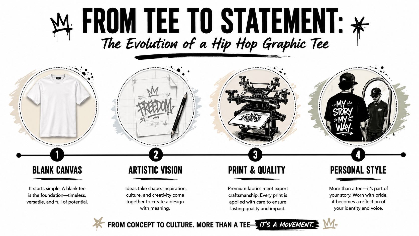 An infographic detailing the four steps of creating a hip hop graphic tee from concept to completion.
