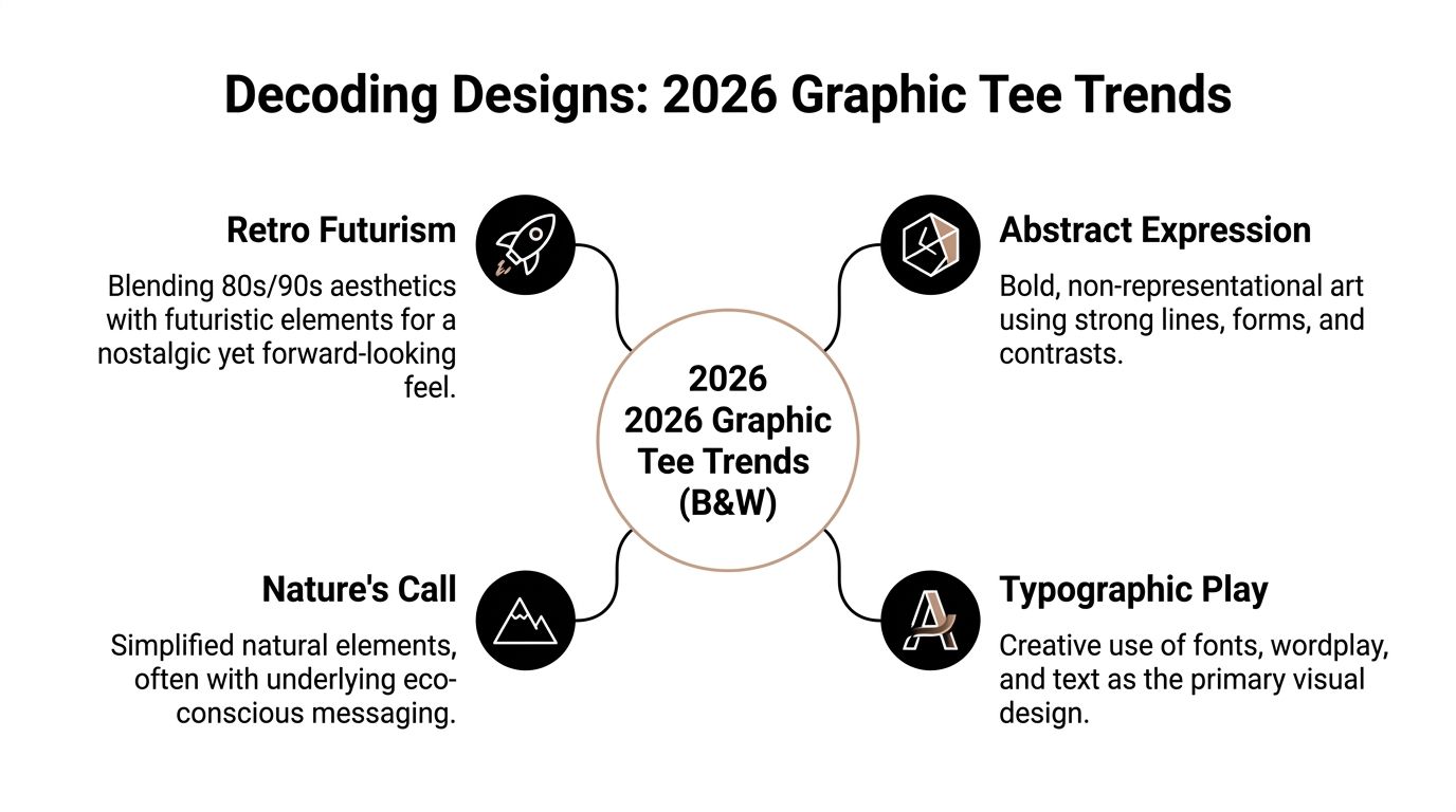 An infographic titled Decoding Designs: 2026 Graphic Tee Trends showcasing four emerging fashion design styles.