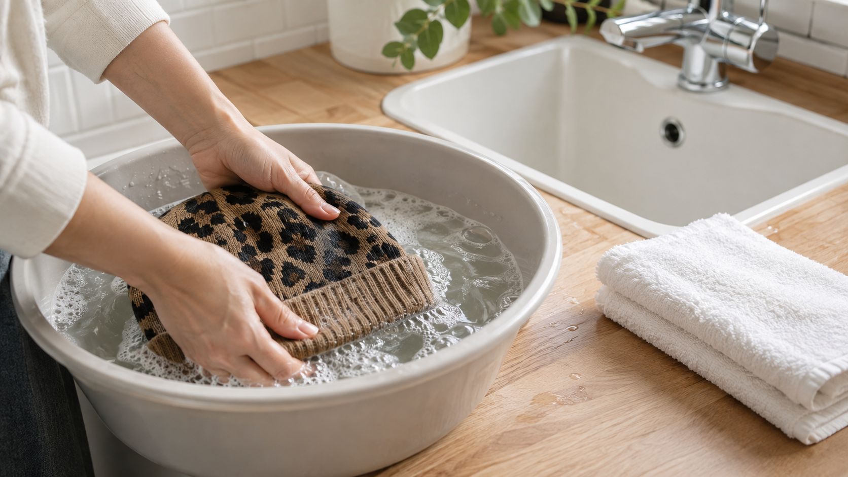 A person gently hand washing a leopard print beanie in a plastic basin filled with soapy water.