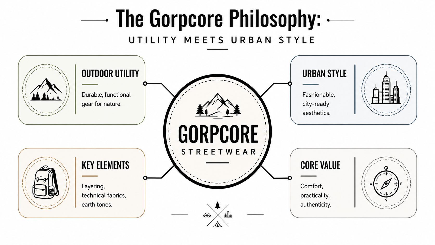 An infographic titled The Gorpcore Philosophy showing the connection between outdoor utility and urban streetwear fashion styles.