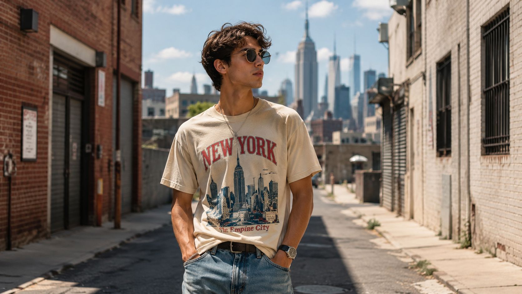 A young man wearing a New York graphic t-shirt standing in an urban city alleyway.