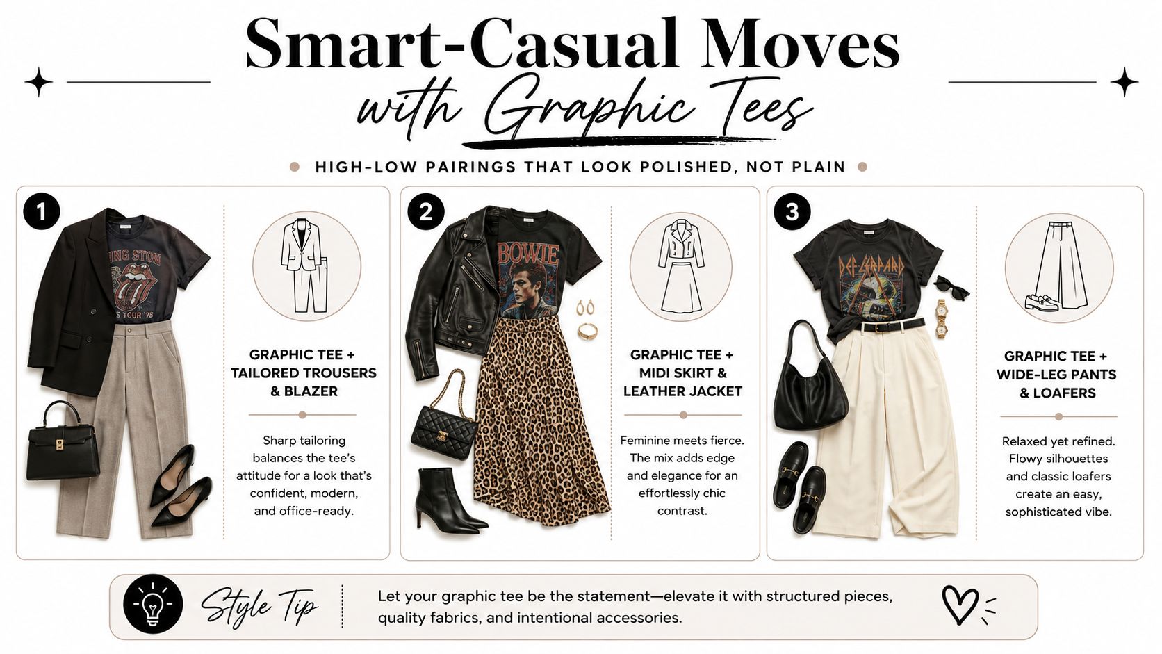 Three smart-casual outfit ideas featuring graphic t-shirts styled with blazers, midi skirts, and wide-leg trousers.
