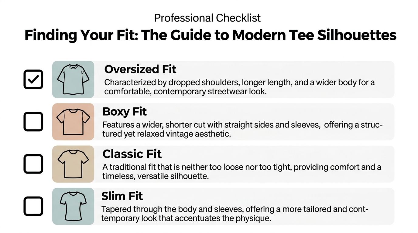 A professional checklist infographic detailing the differences between oversized, boxy, classic, and slim fit t-shirt silhouettes.