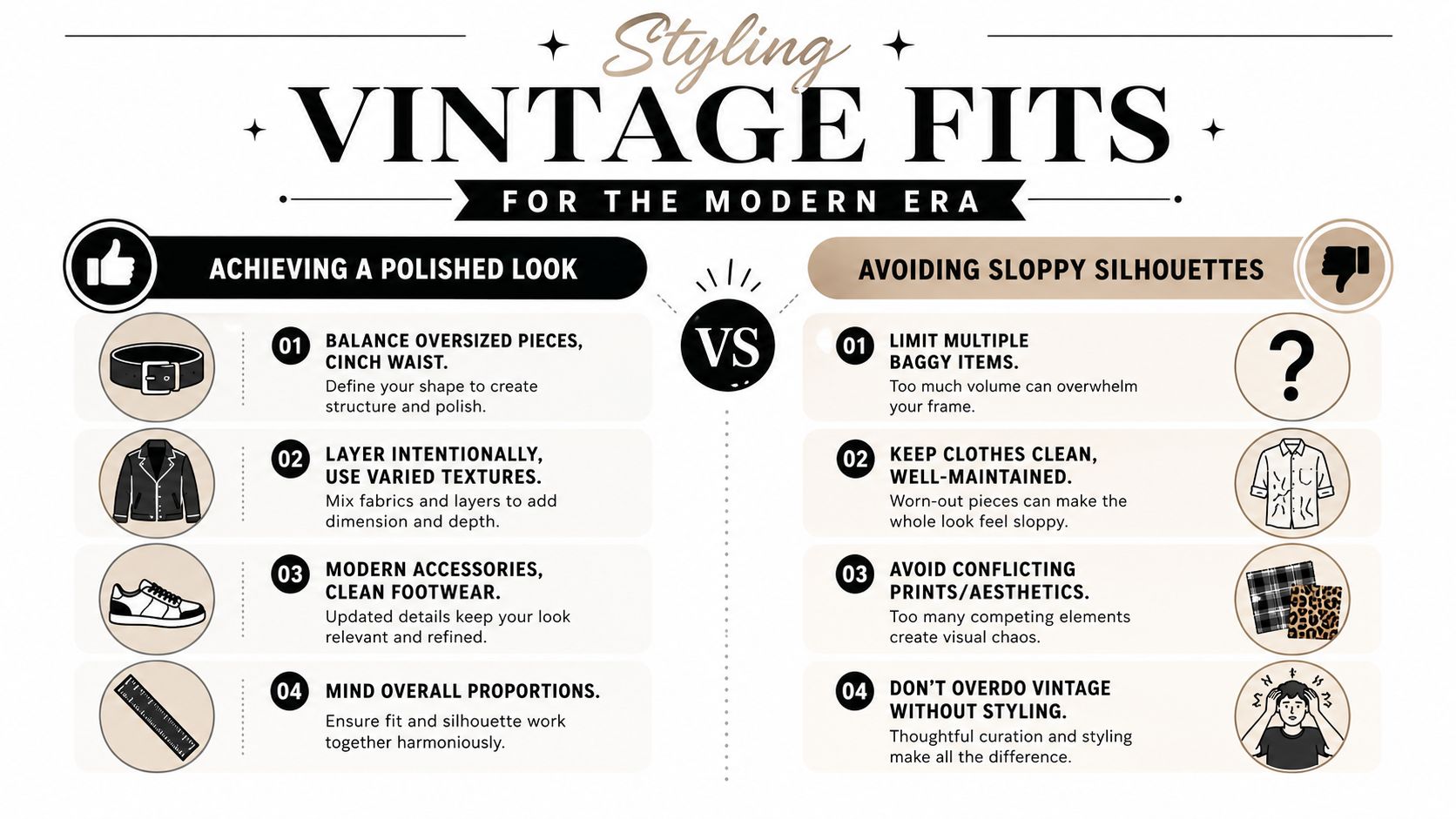 An infographic comparing tips for achieving a polished vintage look versus avoiding a sloppy silhouette.