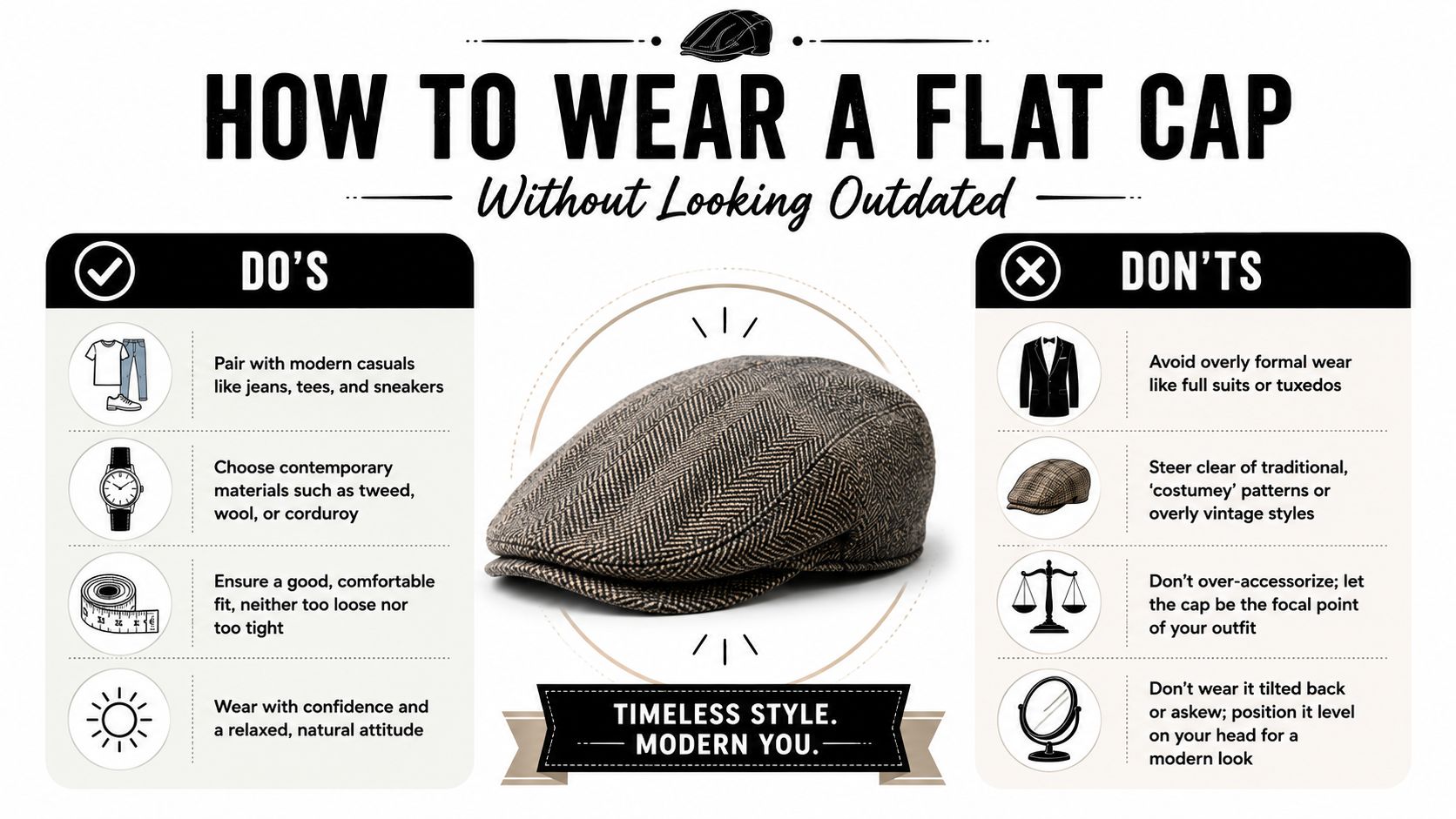 A helpful infographic guide detailing the dos and don'ts for styling a classic flat cap successfully.