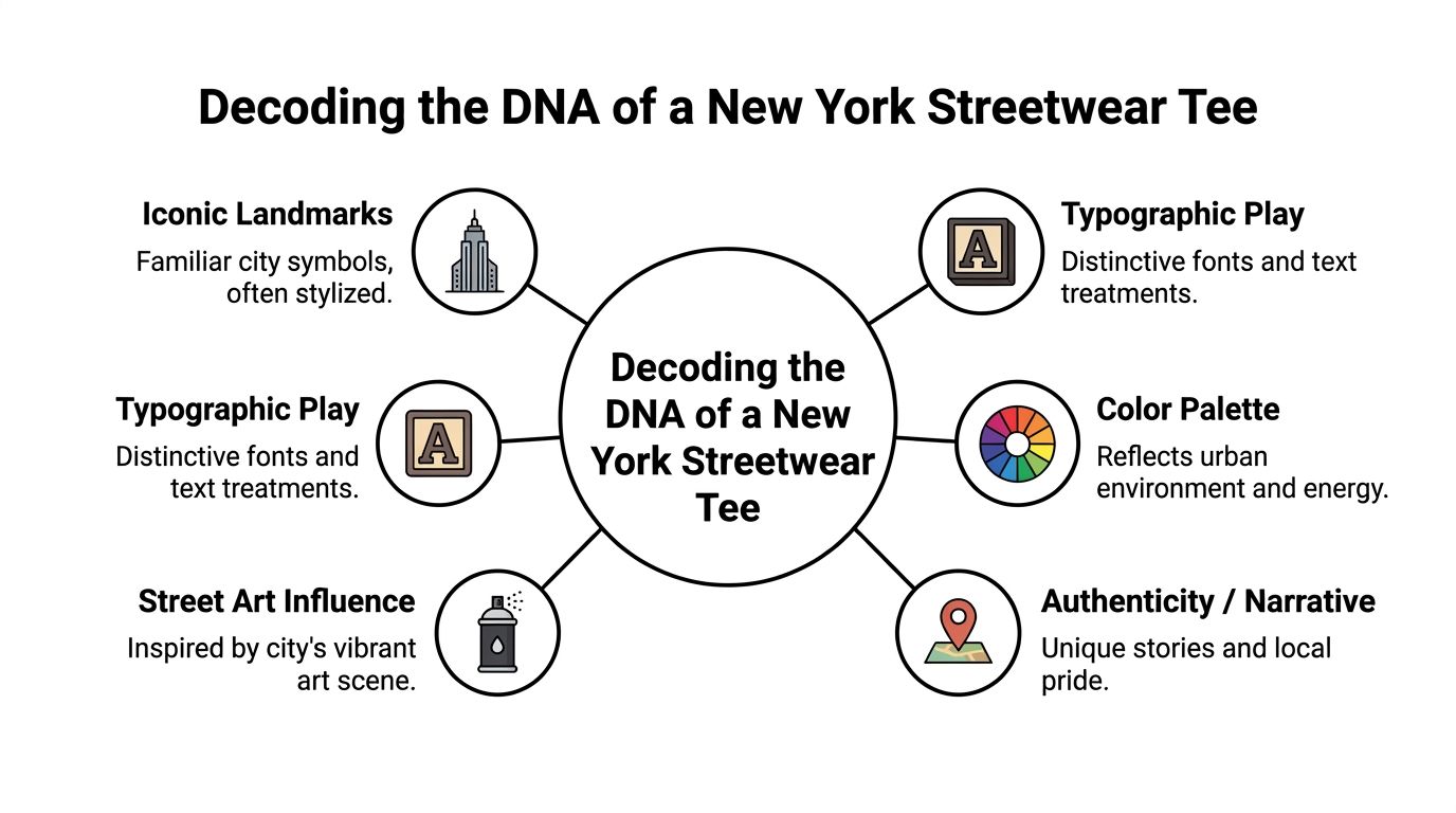 A diagram illustrating the key elements that define New York City streetwear graphic t-shirt design style.