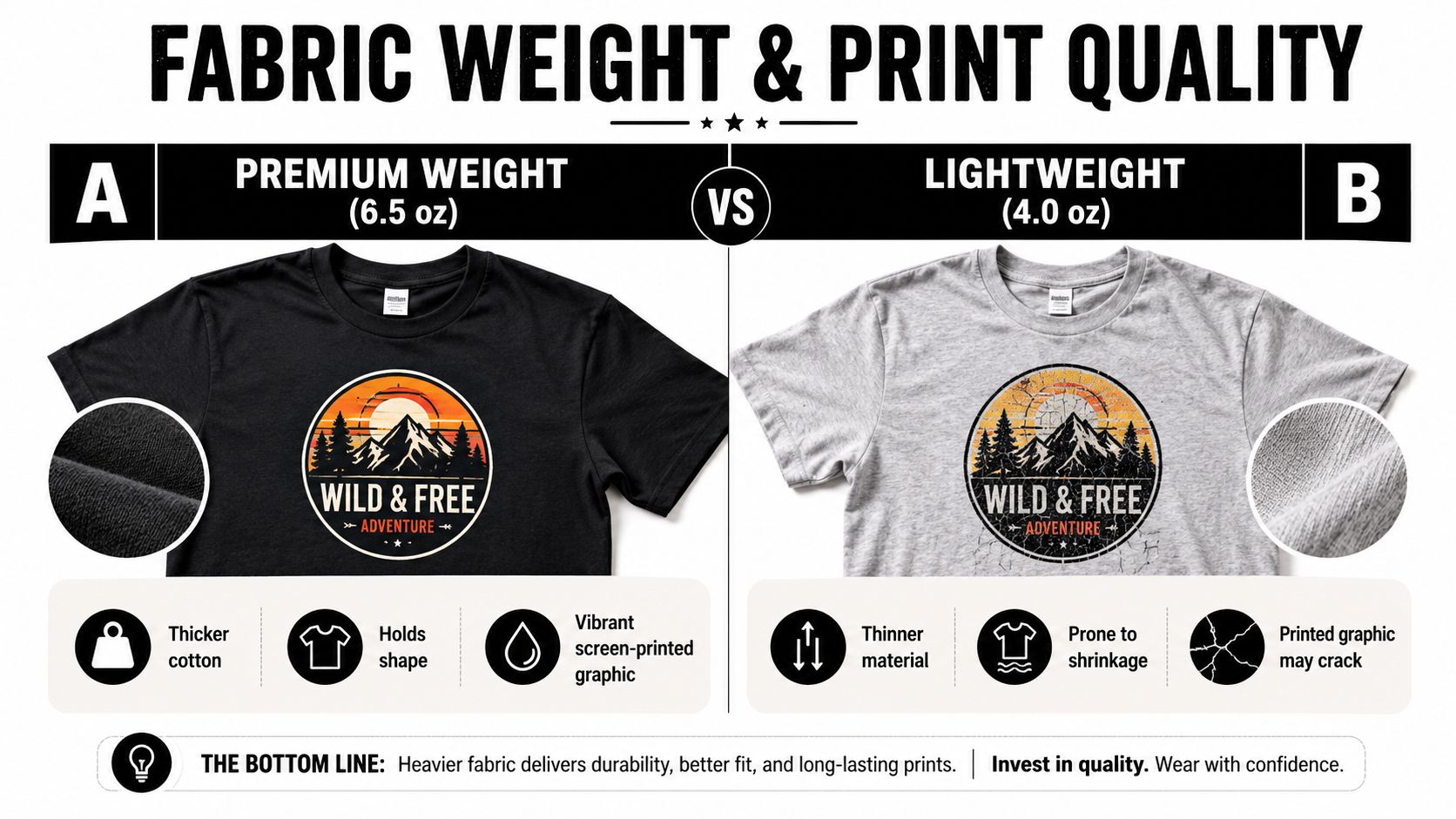 A comparison infographic between premium 6.5 oz heavyweight cotton tees and lightweight 4.0 oz budget t-shirts.