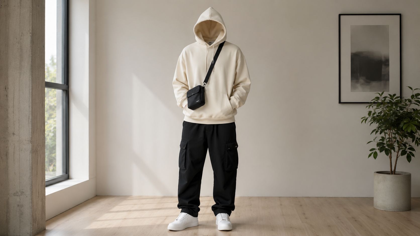 A faceless person wearing a beige hoodie, black cargo pants, white sneakers, and a small crossbody bag.