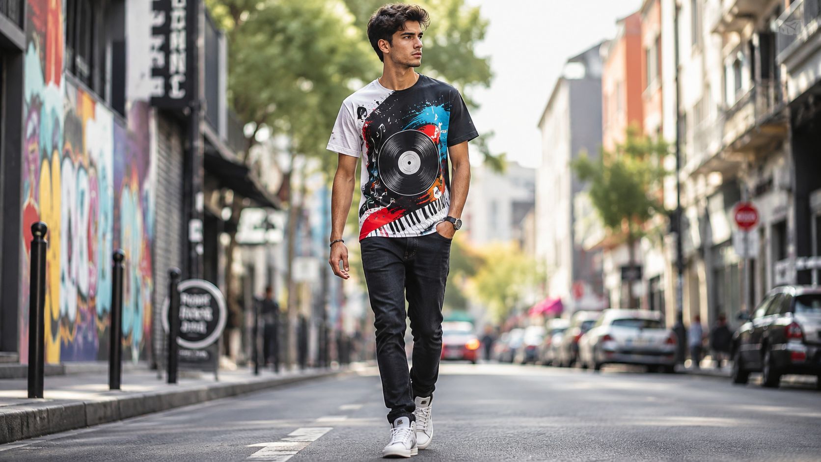 A young man walking down a city street wearing a stylish graphic tee with music-themed art.