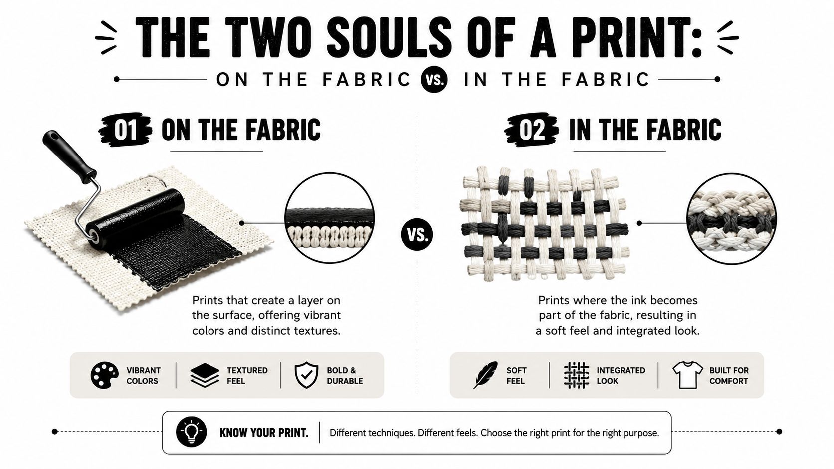 An infographic illustrating the differences between printing on the fabric versus in the fabric for apparel.