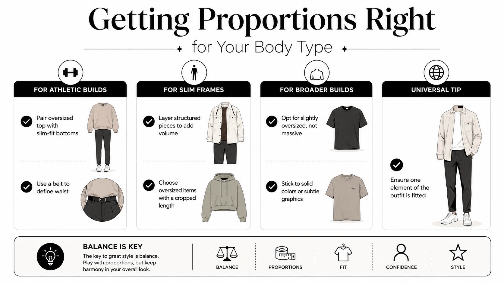 A fashion infographic displaying style tips for athletic, slim, and broader body types for a balanced look.