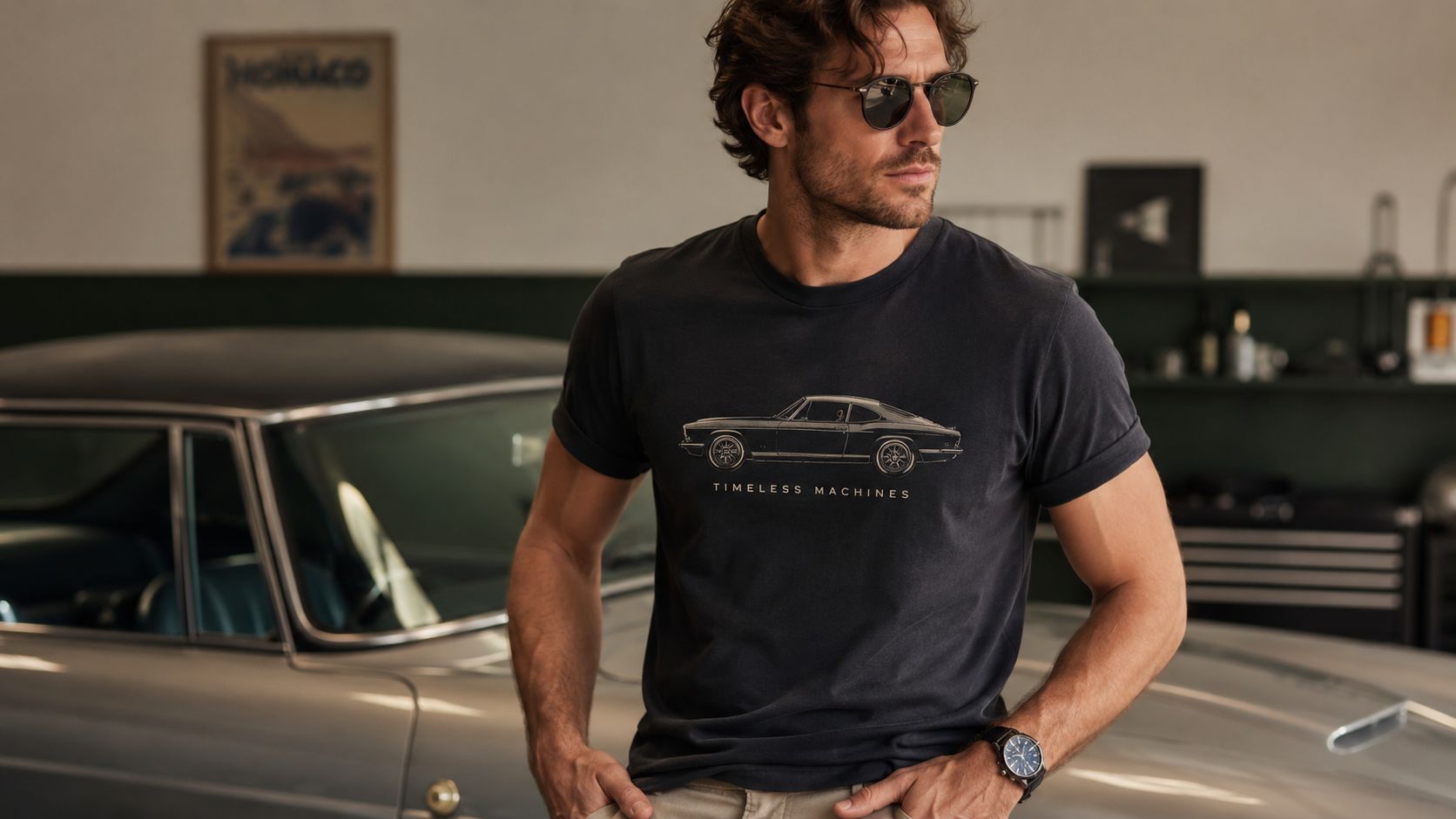 A stylish man wearing a dark t-shirt with a vintage car graphic, leaning against a luxury vehicle.