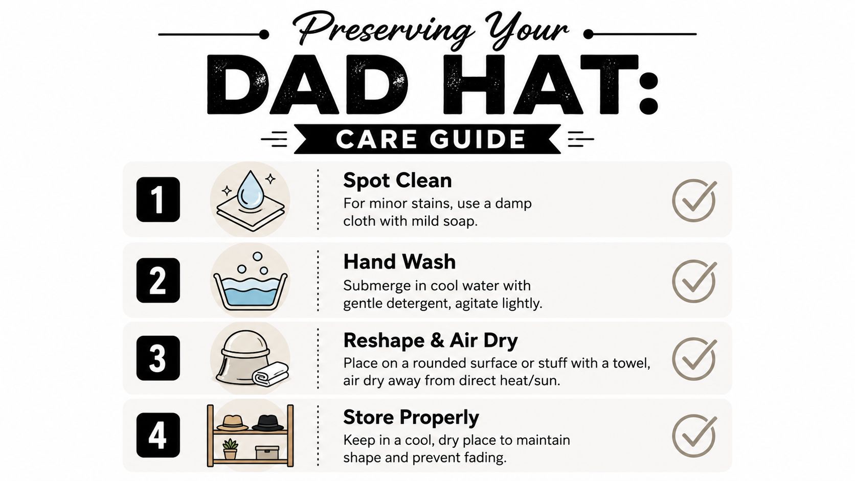 A four-step infographic guide on how to properly clean, dry, and store your casual dad hat.