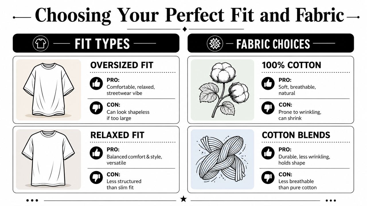 A comparison guide for t-shirt fit types and fabric choices, detailing pros and cons for each.