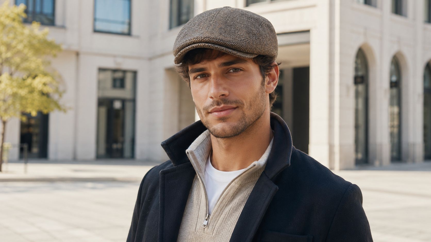 A stylish young man wearing a brown tweed flat cap and a layered coat outdoors in city.