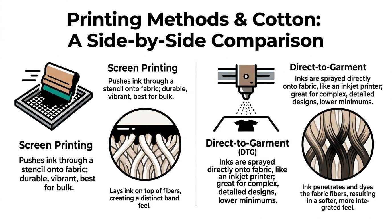 A comparison infographic showing the difference between screen printing and direct-to-garment printing on cotton fabric.