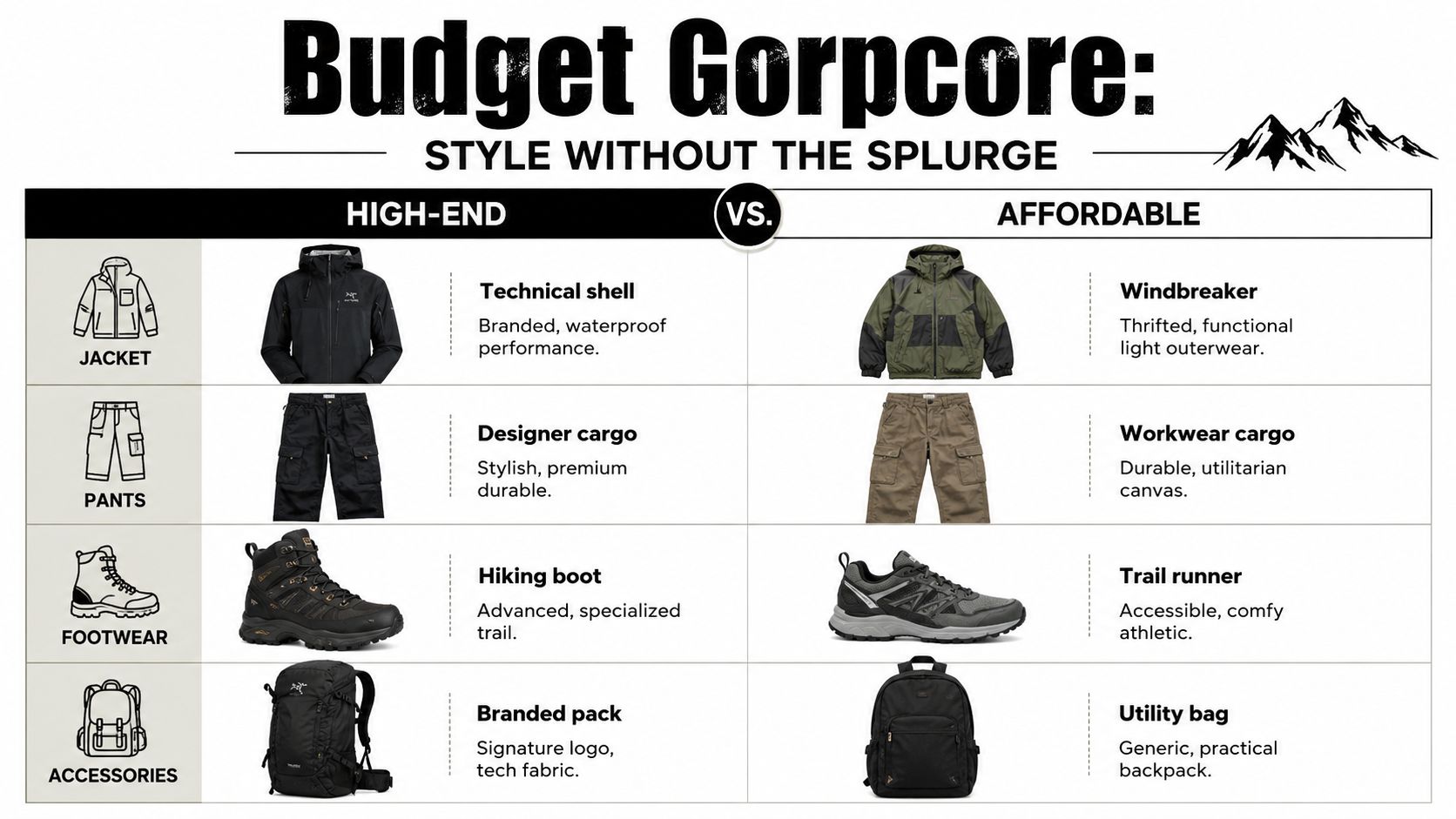 A comparison chart showing how to achieve the gorpcore fashion look with both high-end and affordable alternatives.