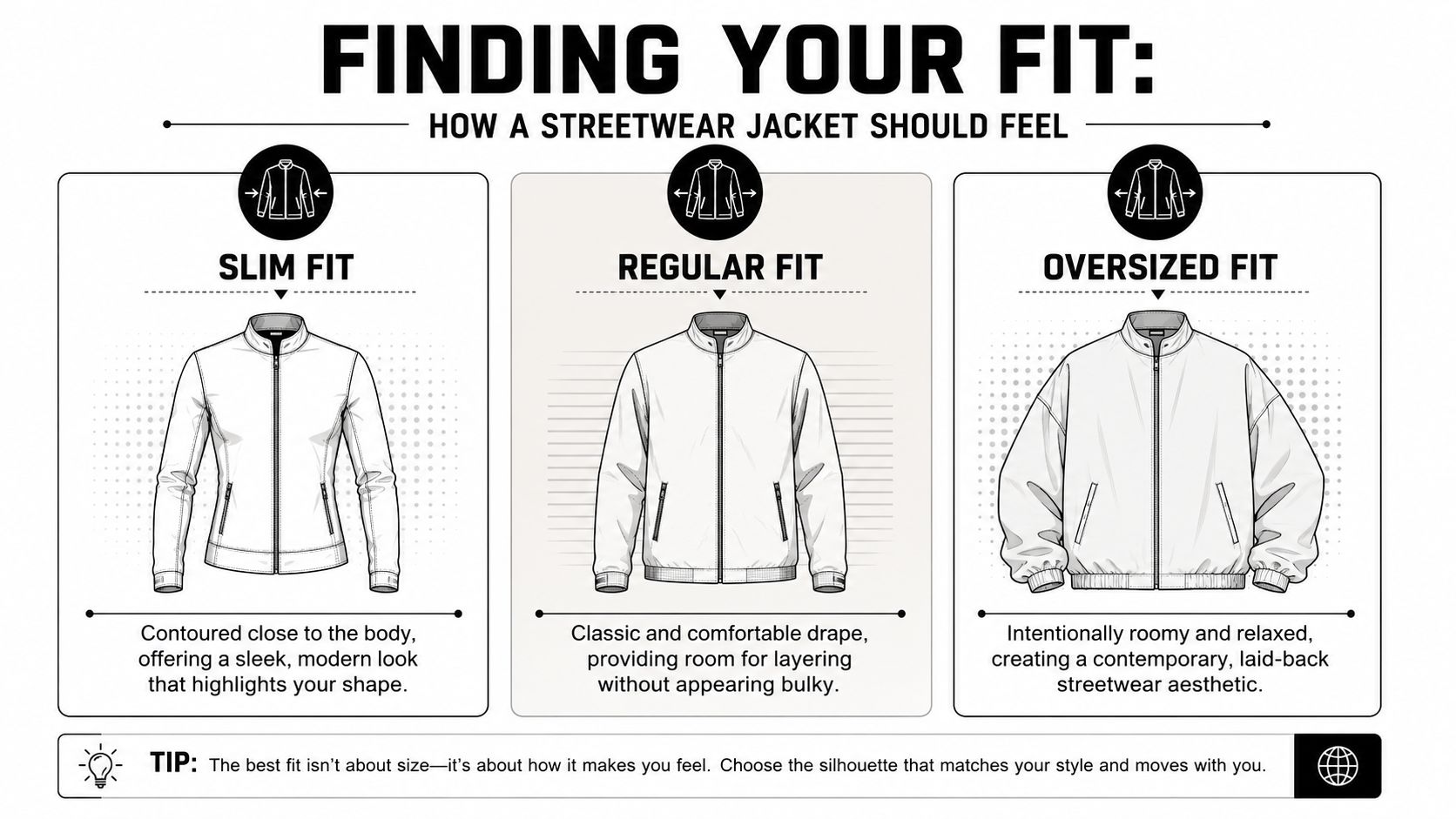An infographic showing three types of streetwear jacket fits: slim, regular, and oversized with descriptive text.