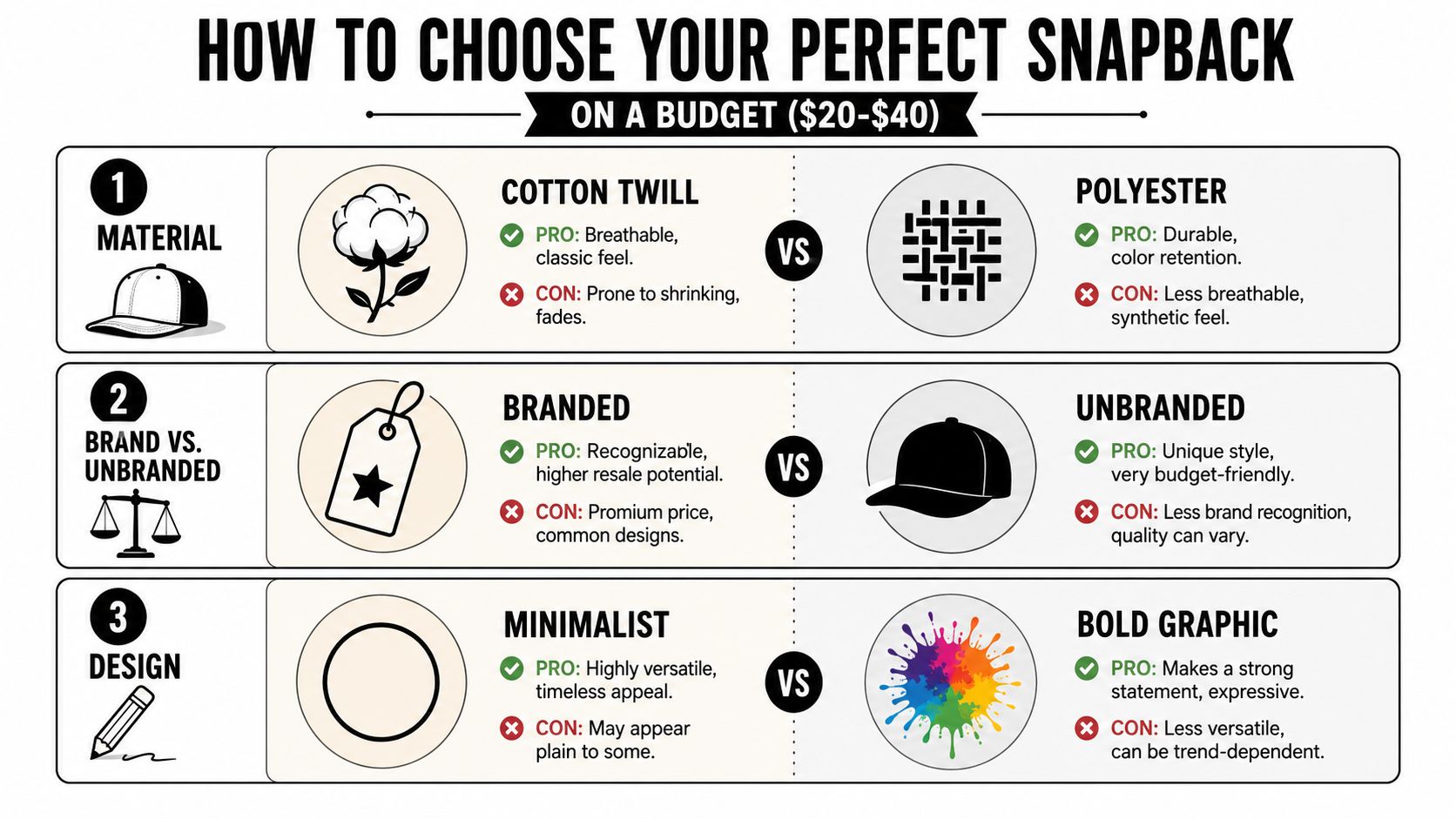 An infographic titled How to Choose Your Perfect Snapback comparing materials, branding, and design options.