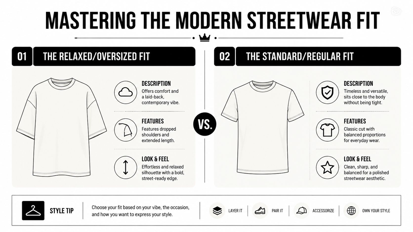 A comparison guide for modern streetwear t-shirt fits, showing the difference between relaxed oversized and standard regular fits.