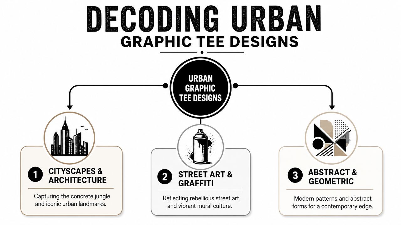 An infographic titled Decoding Urban Graphic Tee Designs showcasing three styles: cityscapes, street art, and geometric patterns.