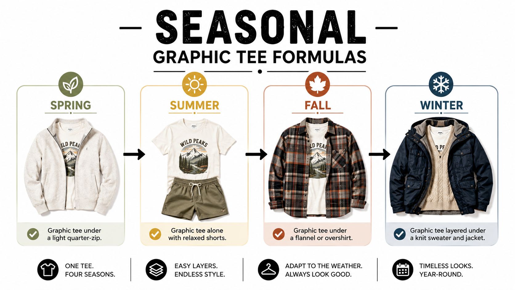 An infographic showing four seasonal outfit formulas featuring a graphic tee worn in spring, summer, fall, and winter.