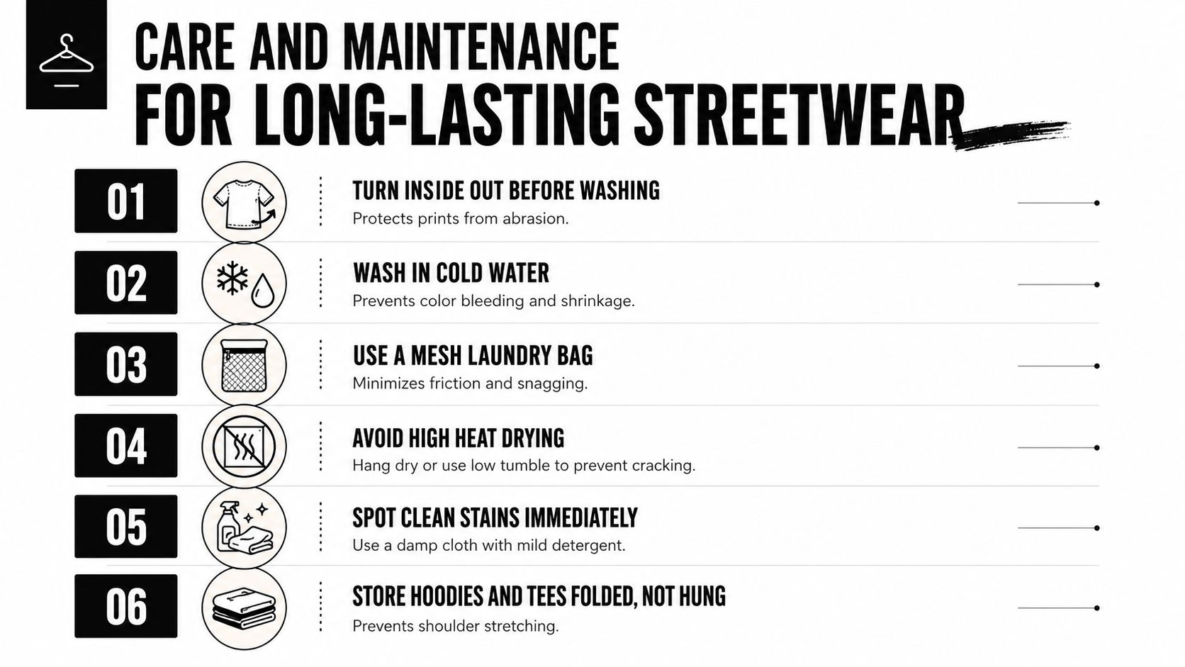 A six-point infographic illustrating care and maintenance instructions for maintaining long-lasting quality of streetwear clothing.