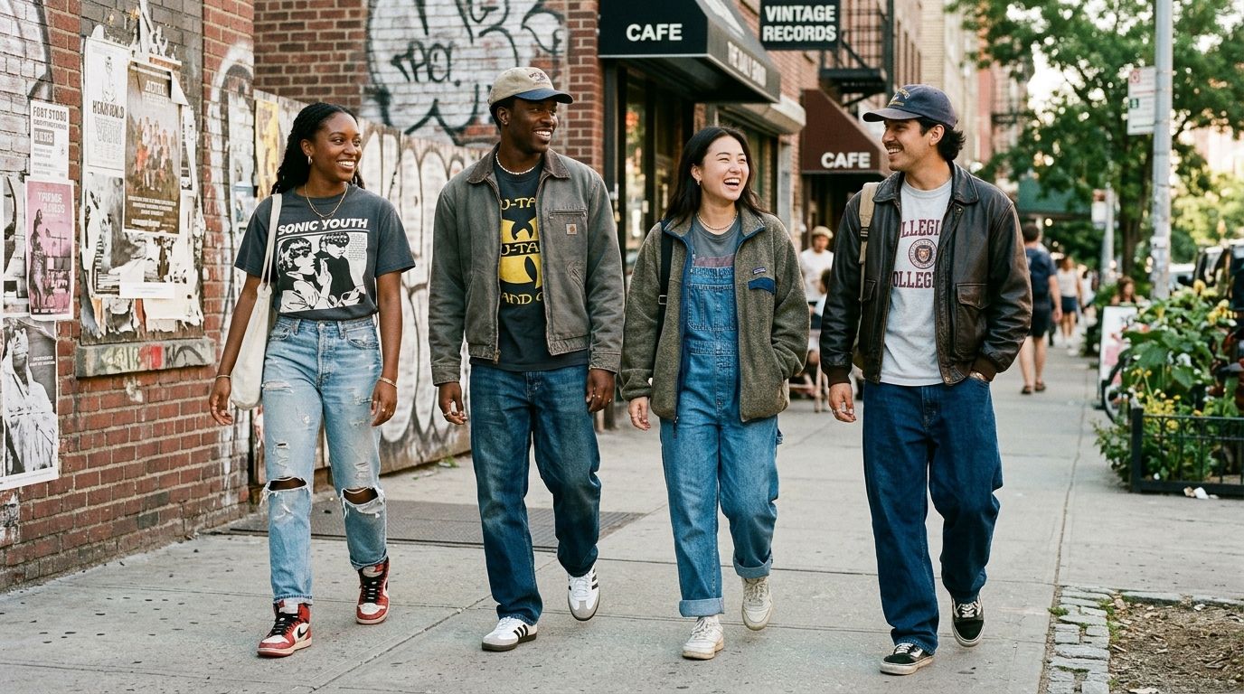 A diverse group of four friends walking together down a city sidewalk wearing vintage streetwear style clothing.