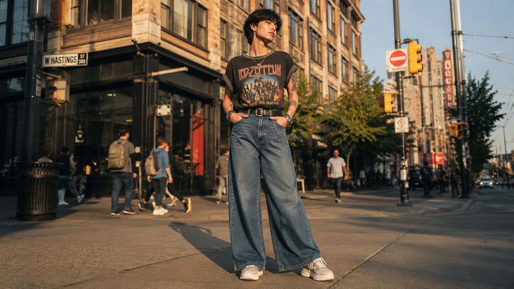 A stylish young person wearing a vintage Led Zeppelin graphic tee stands on a busy city street.