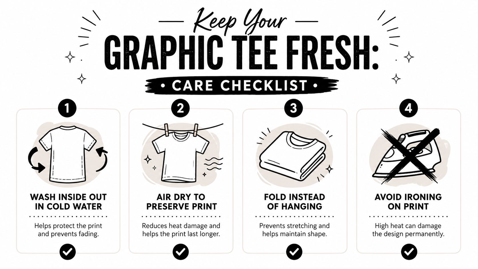 An infographic checklist with four tips on how to properly wash and care for graphic tees.