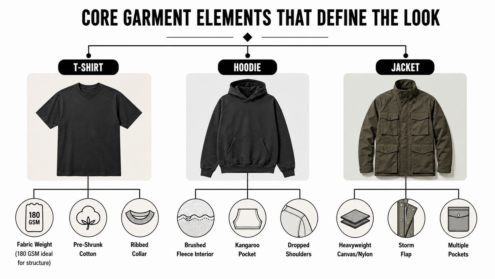 A diagram illustrating the core design elements of a t-shirt, hoodie, and jacket for streetwear branding.