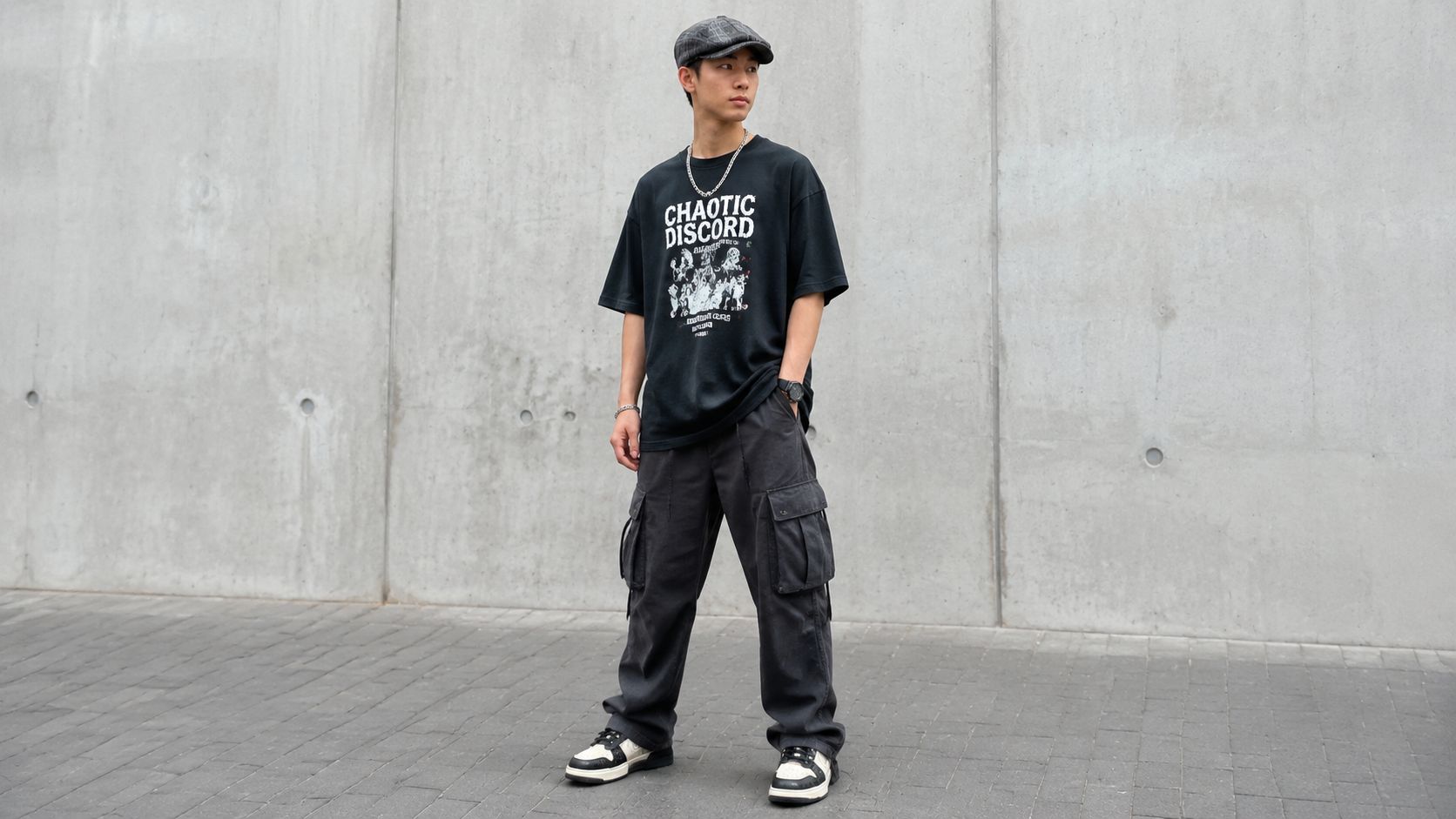 A young man posing in a casual streetwear outfit featuring a flat cap, black graphic tee, and cargo pants.
