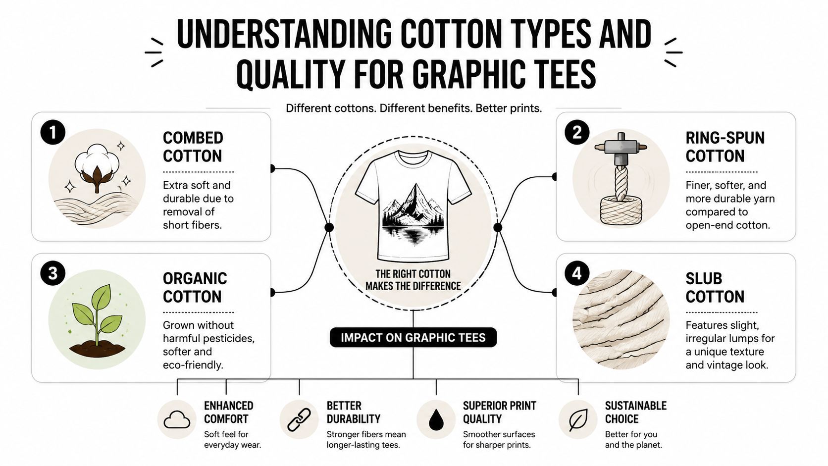 An infographic detailing four types of cotton for graphic tees, including combed, ring-spun, organic, and slub cotton.