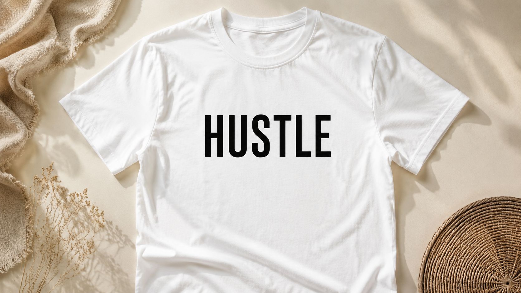 A white t-shirt with the word HUSTLE printed in bold black letters laid on a flat surface.