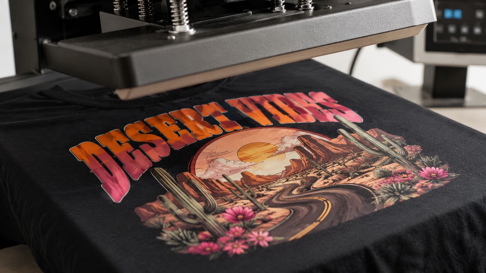A black graphic t-shirt featuring a sunset desert landscape print is being pressed by a heat press machine.