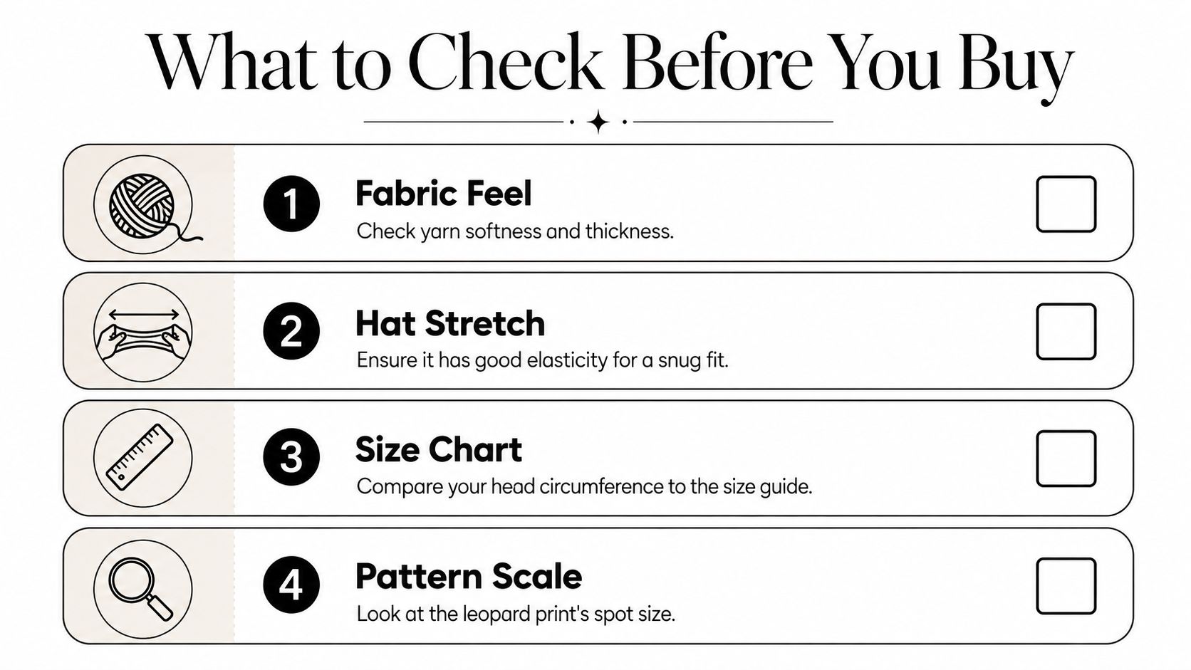 A checklist titled What to Check Before You Buy, listing four steps for purchasing a leopard print beanie.