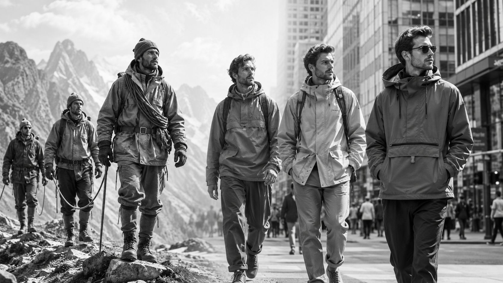 A black and white image showcasing the transition from traditional mountaineering gear to modern city gorpcore fashion.
